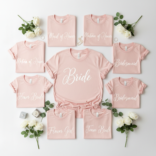 Flat lay of matching bridal party t-shirts in blush pink with Bride and Bridesmaid script text